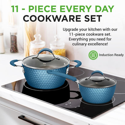 NutriChef 11 Pc Pots and Pans Set Non Stick Cookware with Ceramic Coating, Ergonomic Handles, Induction Ready, Includes Saucepan, Dutch Oven, Large &
