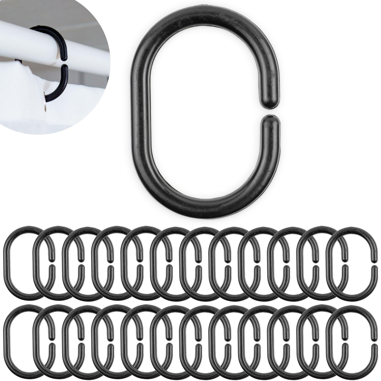 Shower Curtain Rings, 24 Pack, in Black, Inner Diameter 1.8 x 1.1", for Shower Curtain Rods, sturdy plastic shower rings, hooks for shower curtains