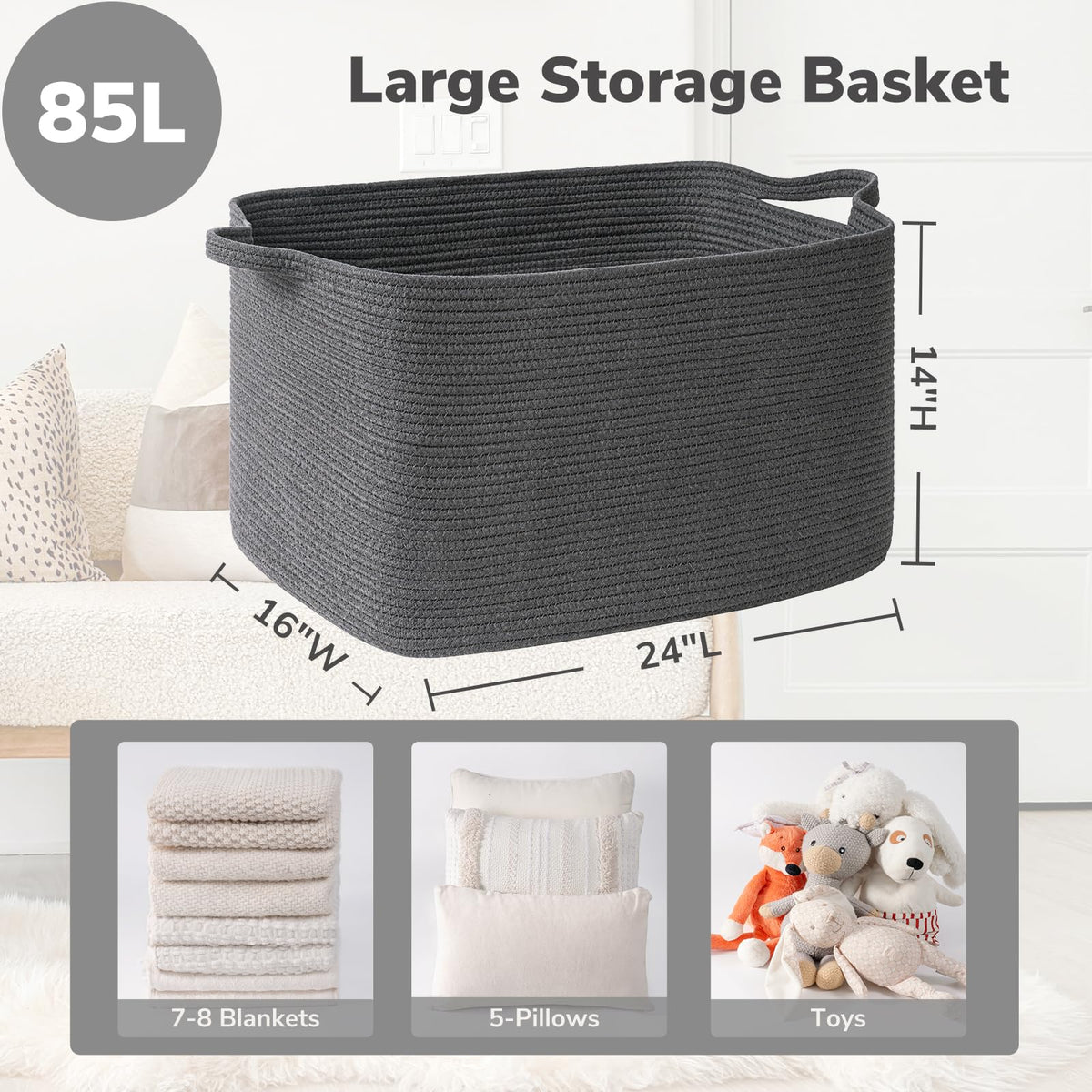 TIMEYARD 85L Extra Large Cotton Rope Storage Laundry Basket Dark Grey