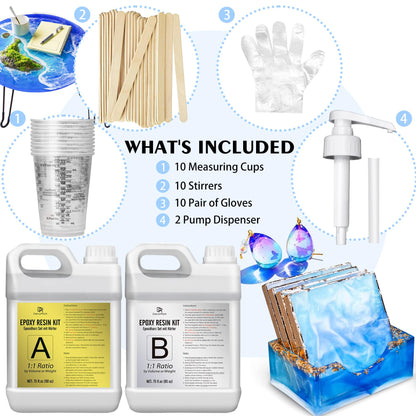 Epoxy Resin Kit - 4.4L / 175oz Crystal Clear Self-Leveling Epoxy Resin with Pump for DIY Resin Art, Table Top, Jewelry Making - 1:1 Ratio Bubbles Free
