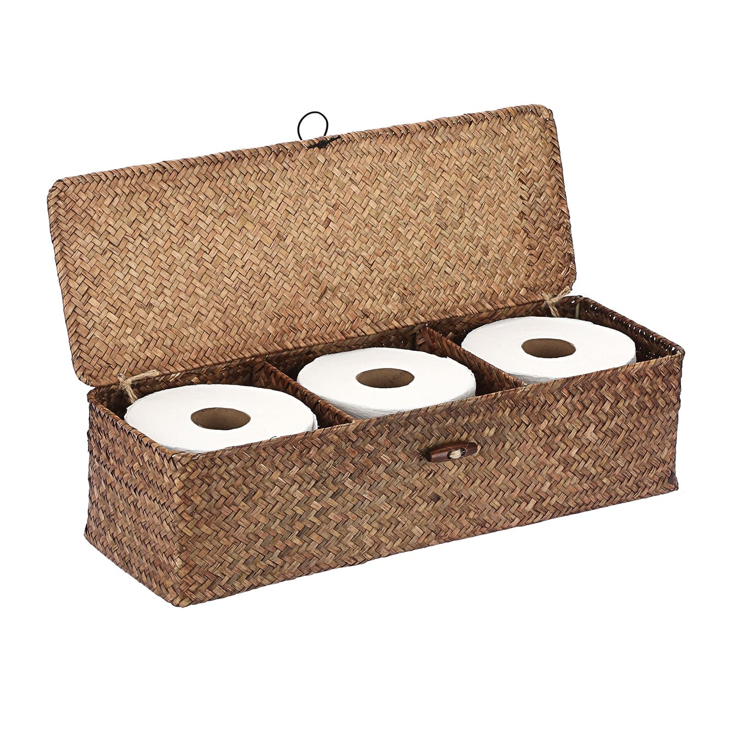 IGNPION 3-Compartment Seagrass Storage Baskets with Lid Woven Seagrass Desktop Basket Bathroom Storage Organiser Box