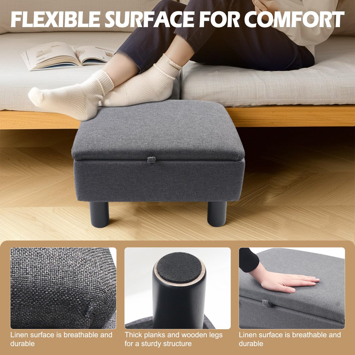 Gemsaya Linen Fabric Footstool with Storage, Storage Ottoman with Flip Top, 40x30x24cm Rectangular Upholstered Bench Pouffe Footstool for Living Room