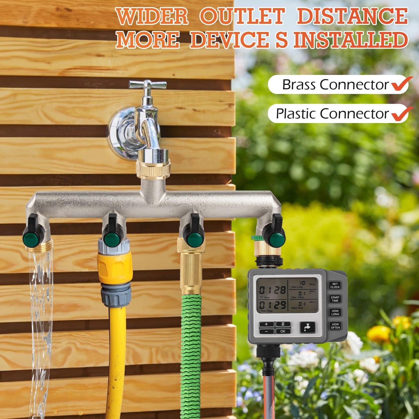 Photener Brass Hose Splitter 4 Way, Garden Hose Tap Splitter Connector, European Standard 3/4" Female to 4-Way Male Thread with 4 Individual Ball