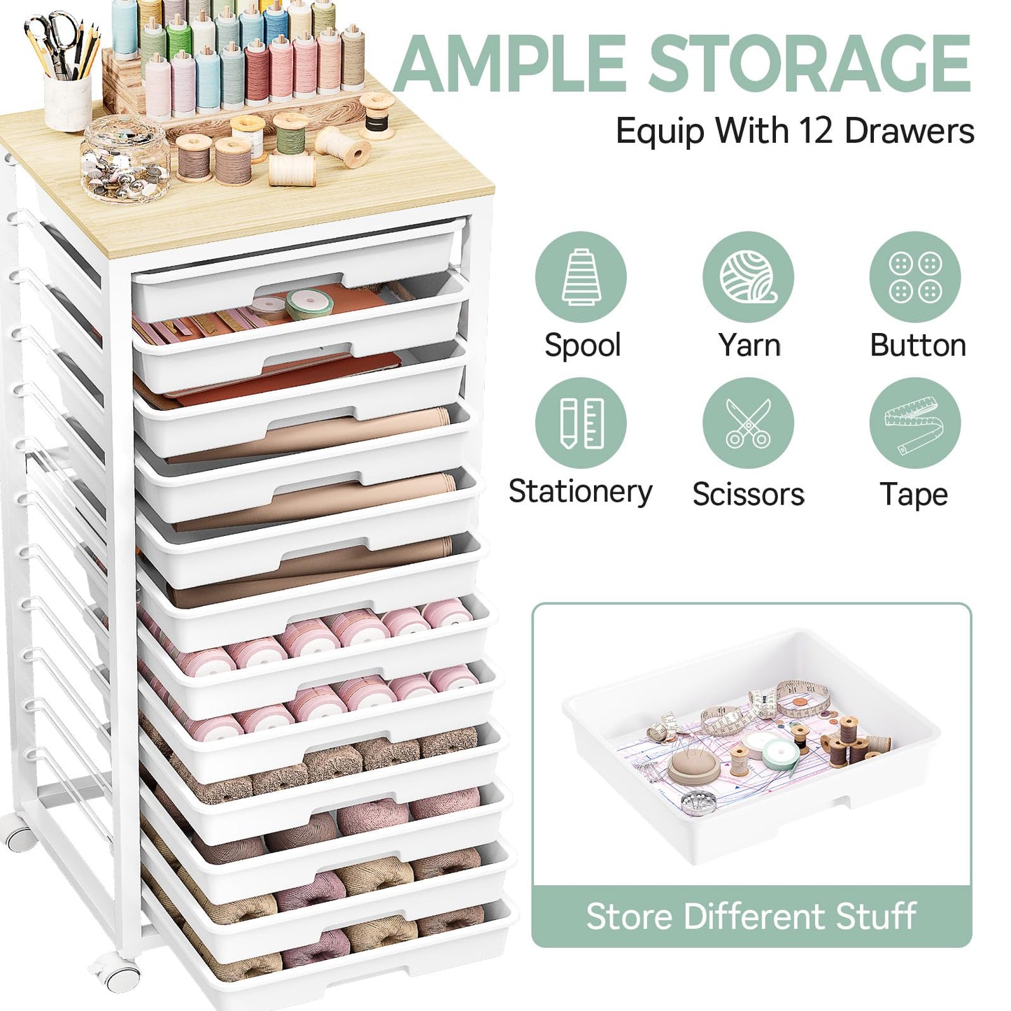 SYKIARIOL 12-Drawer Storage Trolley Rolling Cart with Wooden Top, White