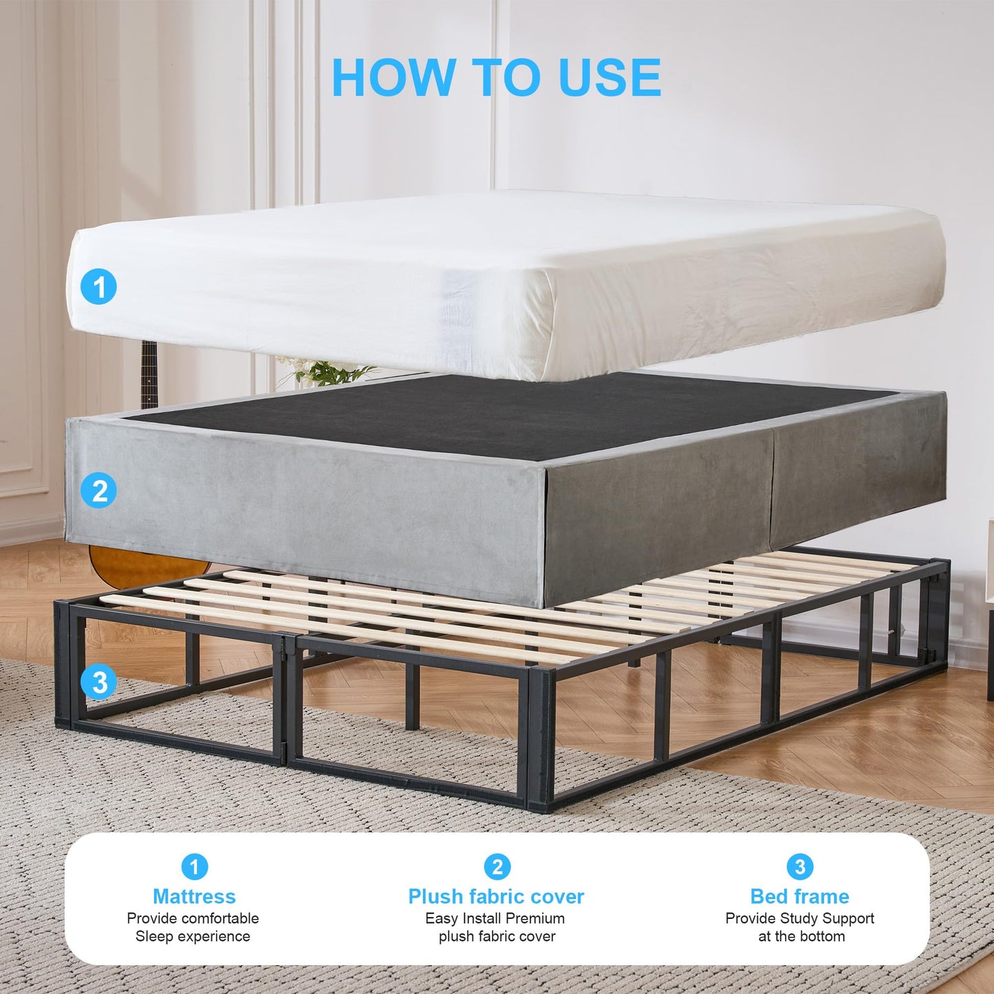 SANA SLEEP Single Metal Divan Bed – 3FT – (Grey) -Storage Durable Frame for Compact Rooms with a Modern Design for Comfortable Spaces