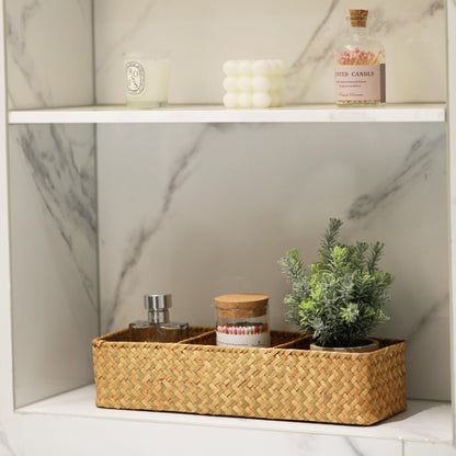 Seagrass Storage Basket with 3 Sections Woven Shelf Baskets for Organizing Natural, 37cm x 12cm x 8cm