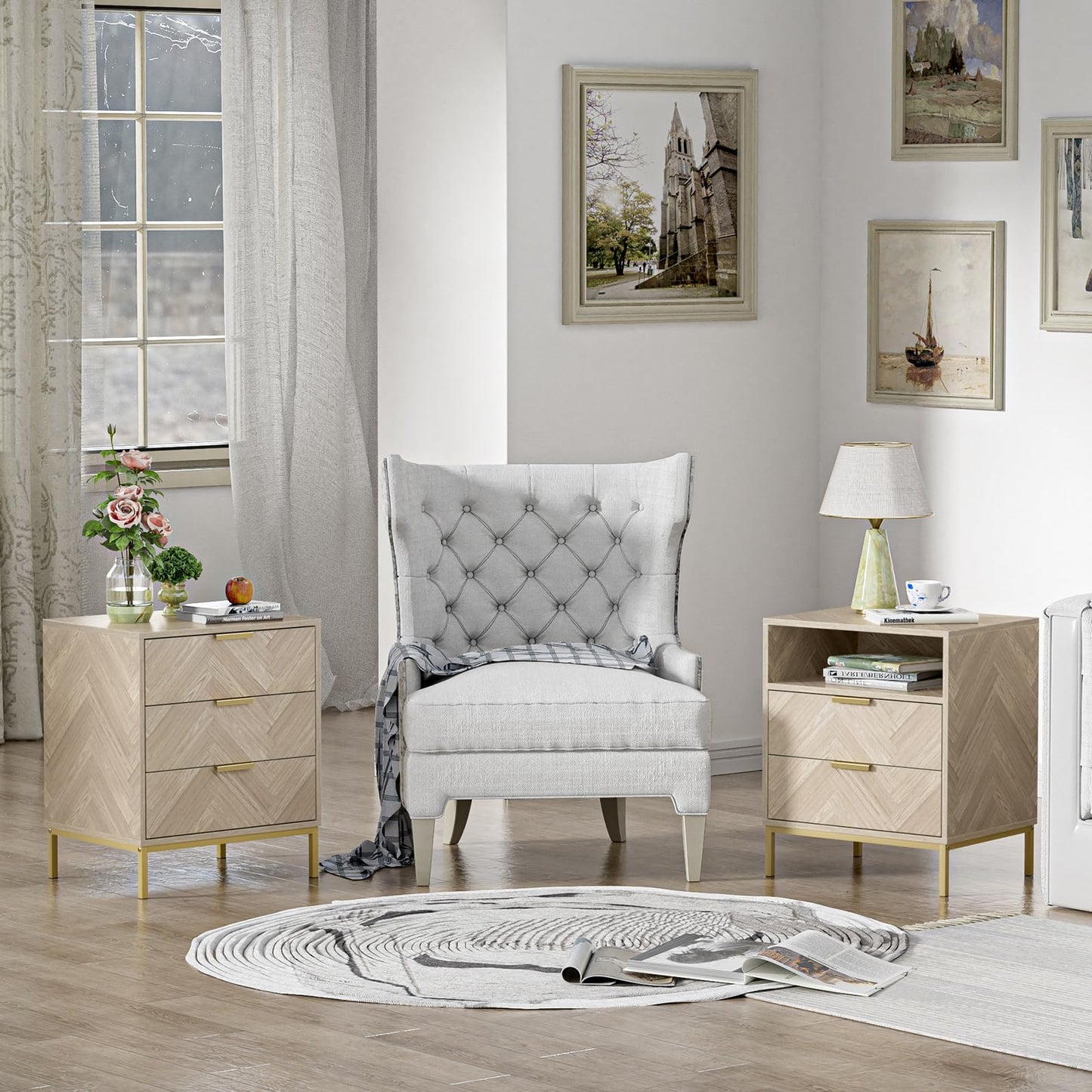 Yvsevnr Modern Bedside Tabls with Drawers Wood Bed Side Table for Bedroom Living Room Office Herringbone Small Chest of Drawers with Open Compartment