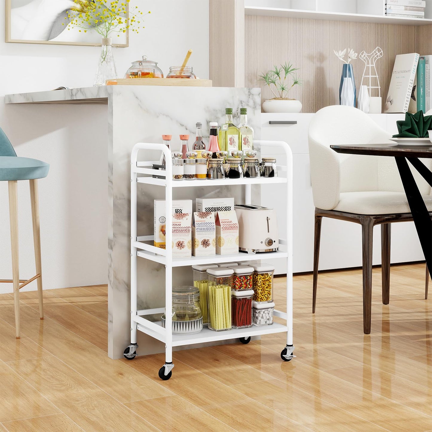 HDANI 3-Tier Rolling Cart,Kitchen Storage Trolley Car,Metal Utility Shelves with 2 Lockable Wheels for Home,Office,Bathroom,Bedroom