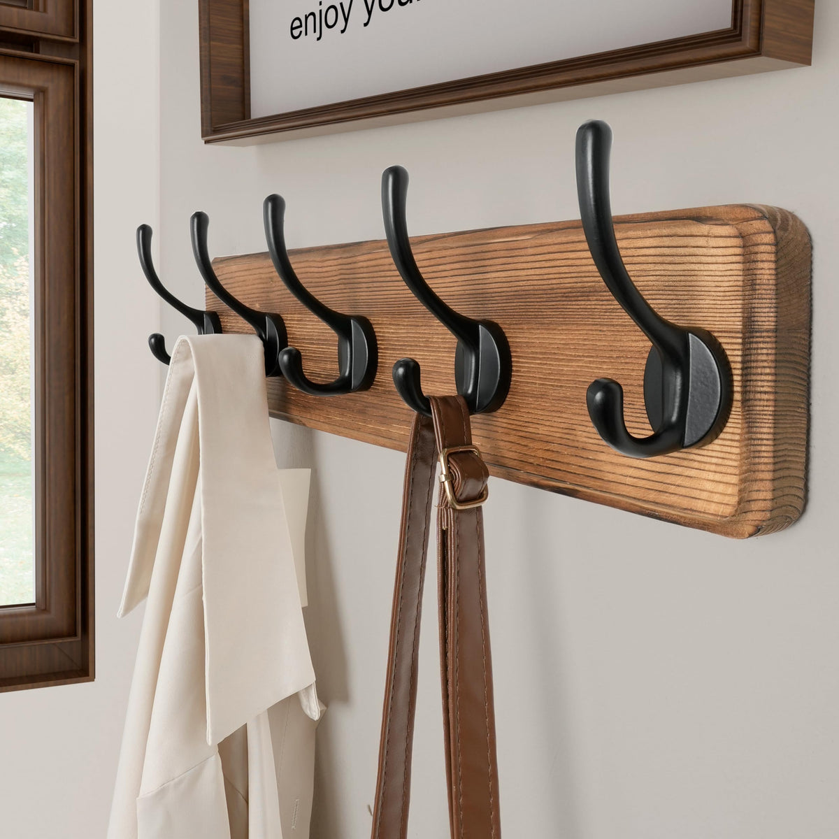 SKOLOO Farmhouse Style Wall Mounted Coat Rack, Pine Solid Wood Coat Hook Hanger - 5 Hooks for Hanging Clothes Robes Towels Coats