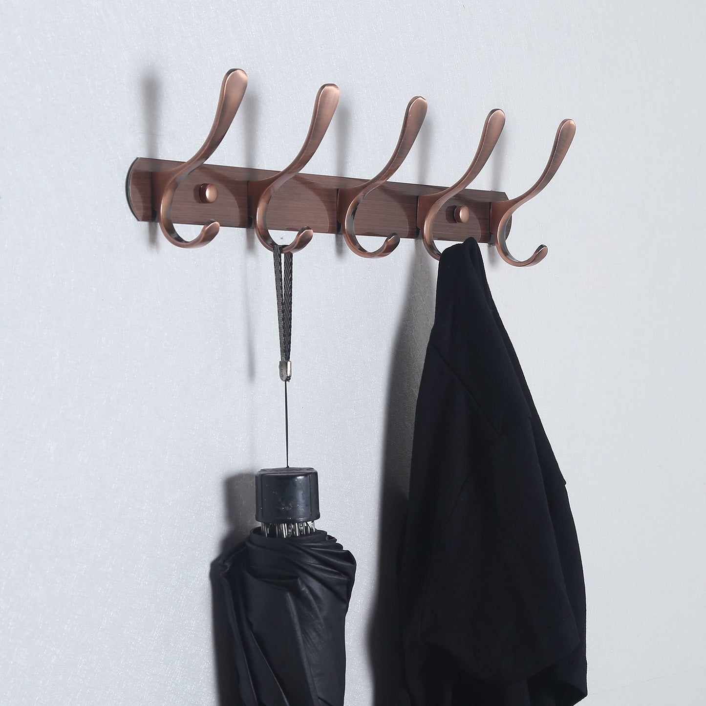 SKOLOO Coat Rack Wall Mount - Modern, Metal Wall Coat Rack with 5 Hooks, Sturdy Wall Hook Rack Rail for Hanging Coat, Jacket, Clothes, Hat, Red Copper