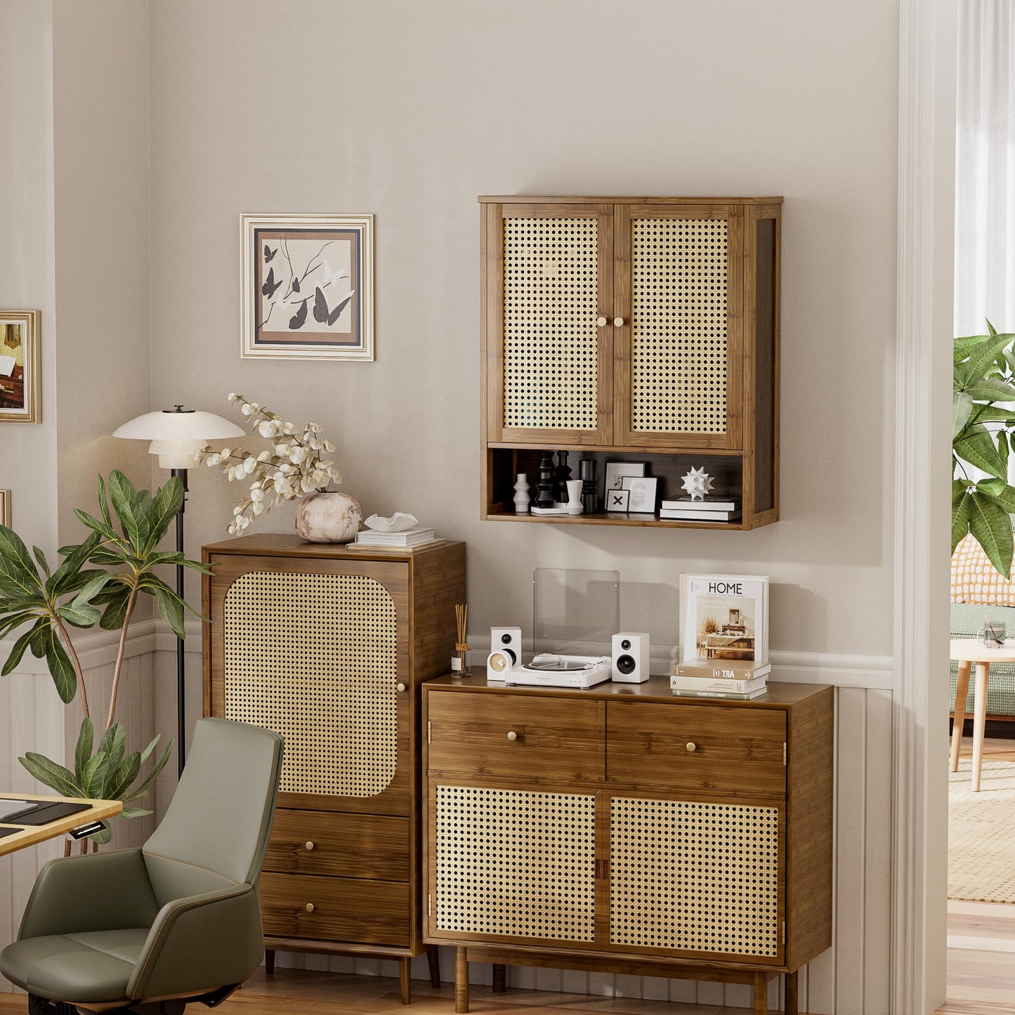 vovala Bathroom Wall Cabinet, Bamboo Over-The-Toilet Storage Organizer with 2 Rattan Doors and Adjustable Shelf