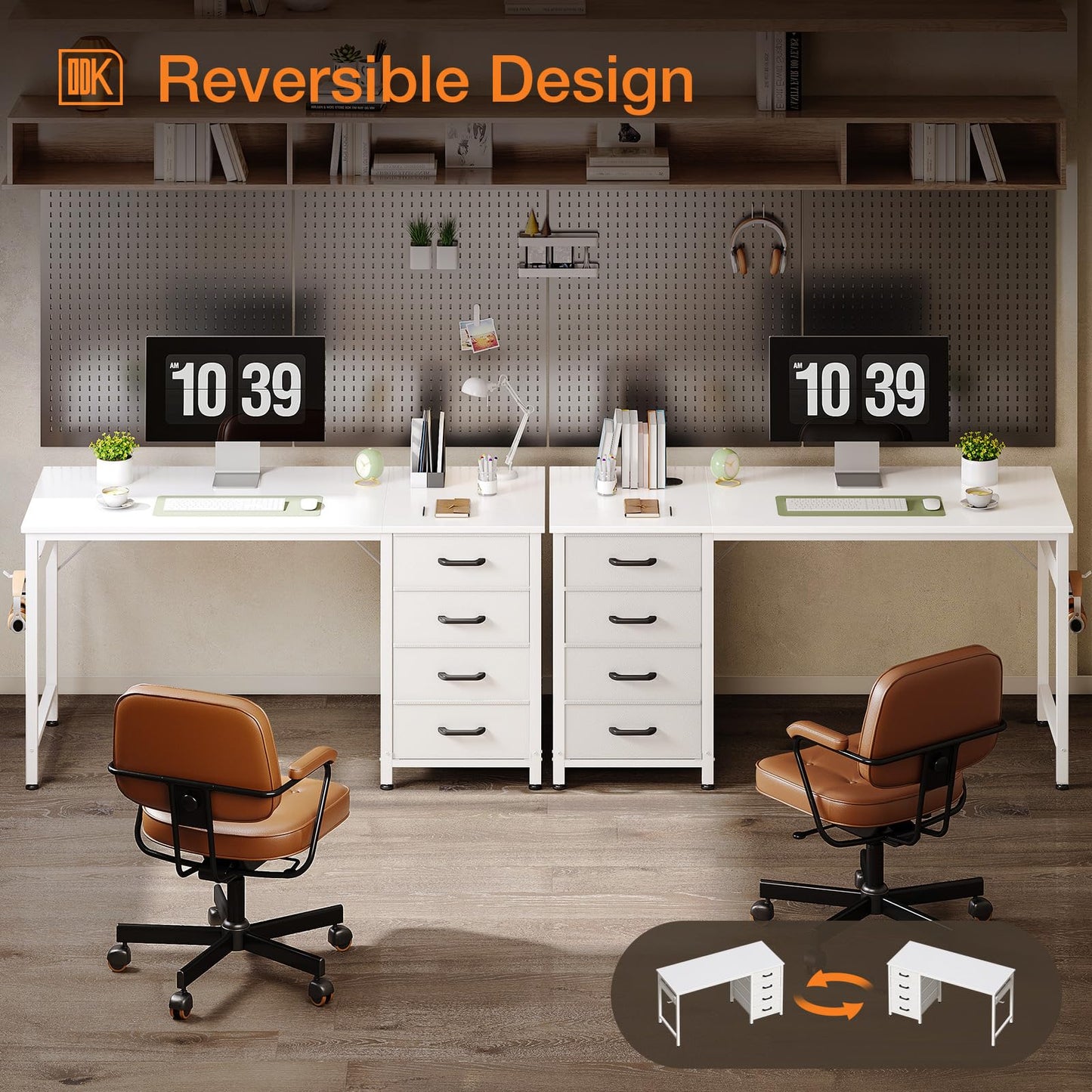 ODK Computer Desk with Drawers, Reversible Office Desk, 120 x 48 cm, White
