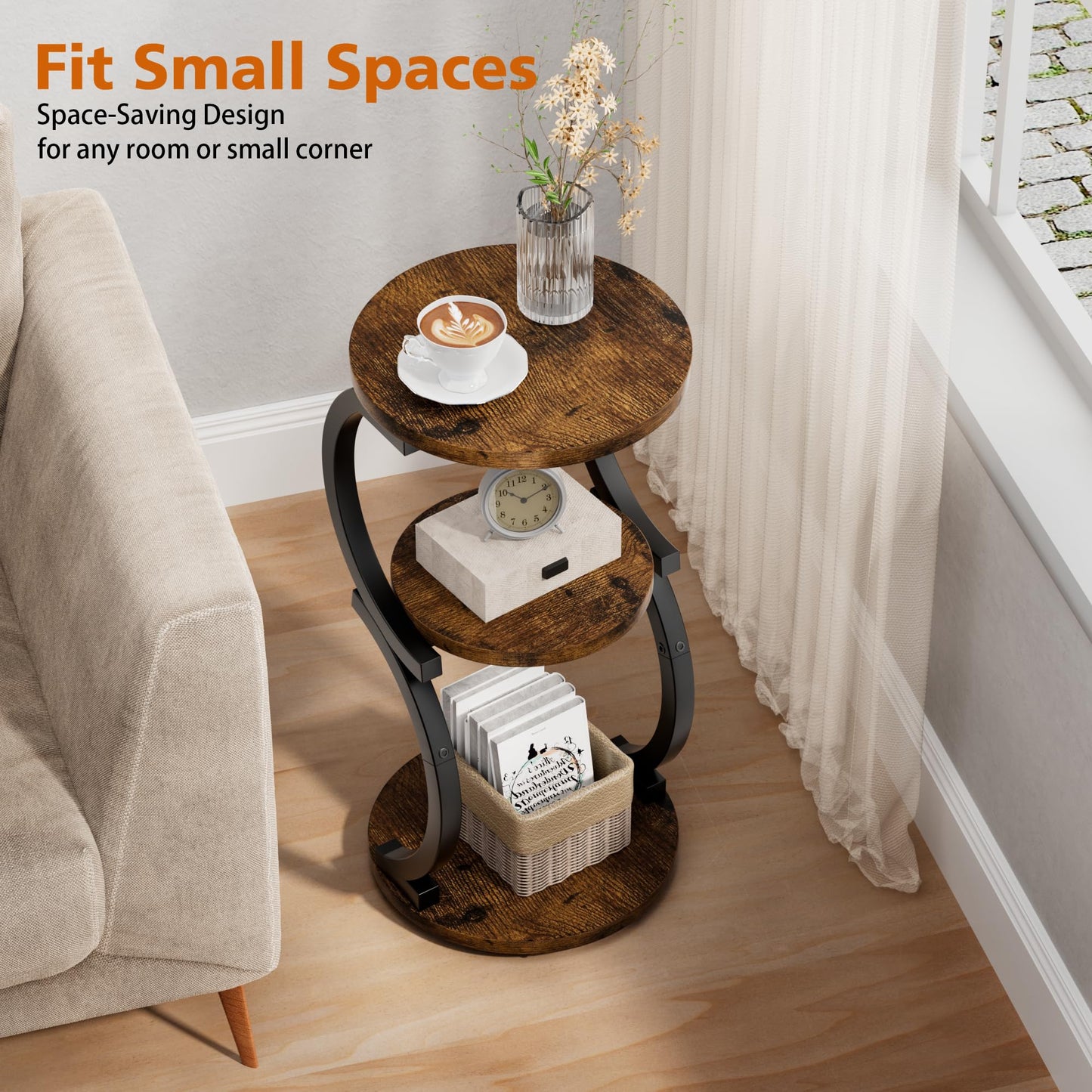 JUSTOGO Round Side Table, S-shaped 3-Tier Coffee Table, Small Table, Wood, Metal Bedside Table for Living Room, Bedroom