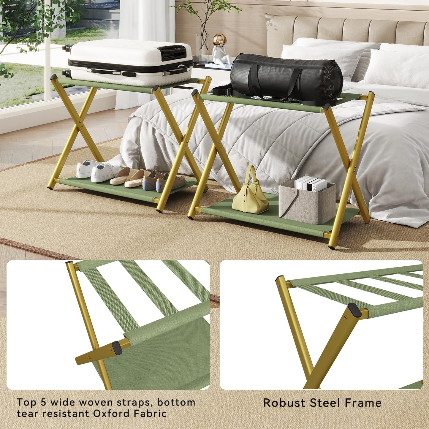 IBUYKE Luggage Rack for All Suitcase Sizes,Foldable Suitcase Stand with Fabric Storage Shelf,Easy to Assemble for Bedroom Living Room Hotel,Gold