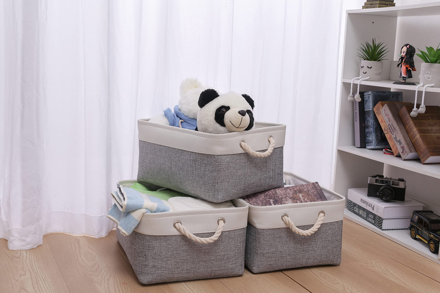 PWVMWM Small Fabric Storage Basket Set of 3, Waterproof Foldable Storage Baskets, Canvas Storage Boxes for Wardrobe, Bedroom, Office Products