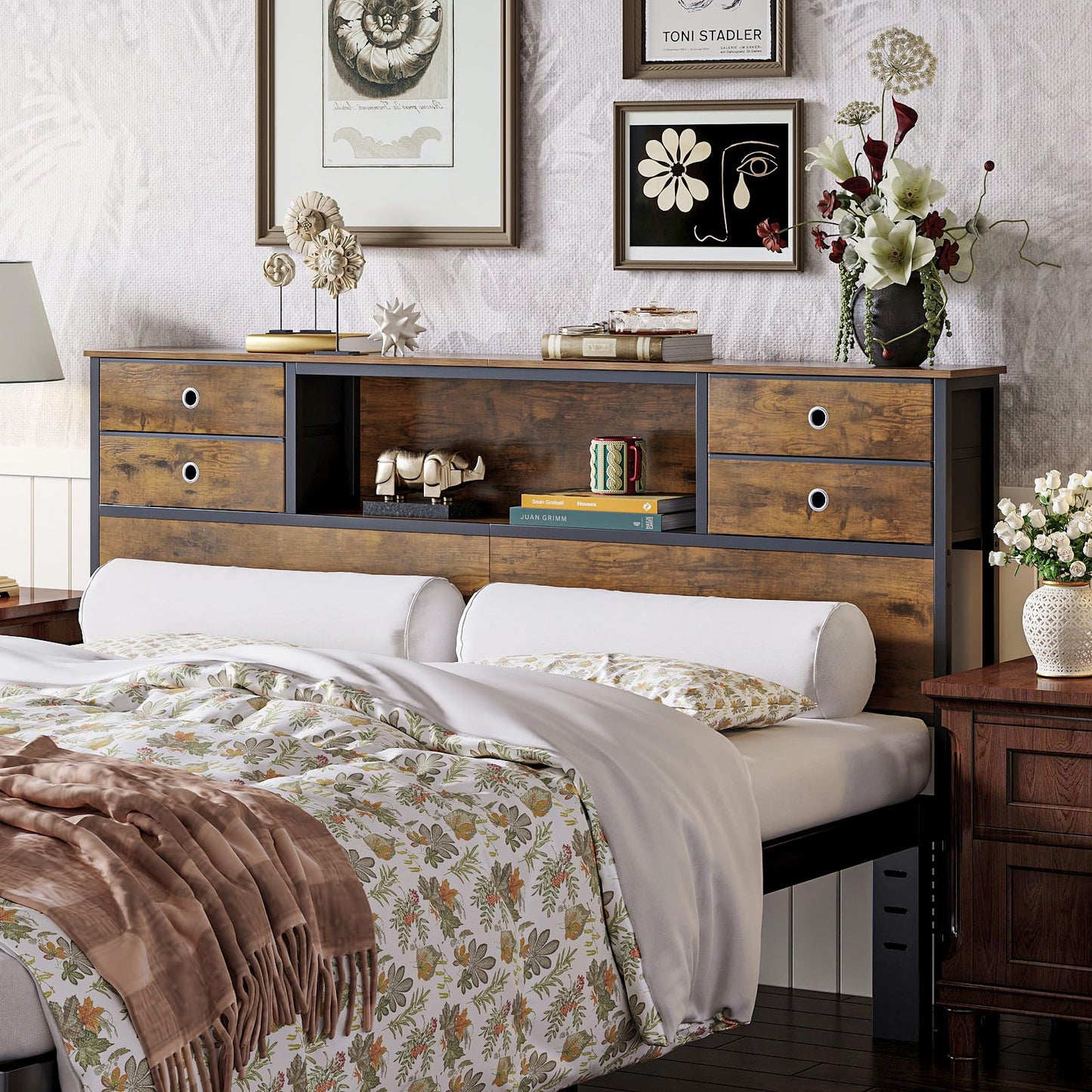 VEDECASA King Size Bed Headboard with Storage, Freestanding Headboard with 4 Fabric Drawers & Shelves, Adjustable Bed Frame Connectors