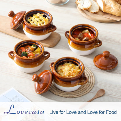 LOVECASA French Onion Soup Bowls with Handles and Lids, 22 Oz Ceramic Soup Serving Bowl Crocks - Oven Safe Bowls for Chili, Beef Stew, Cereal, Pot