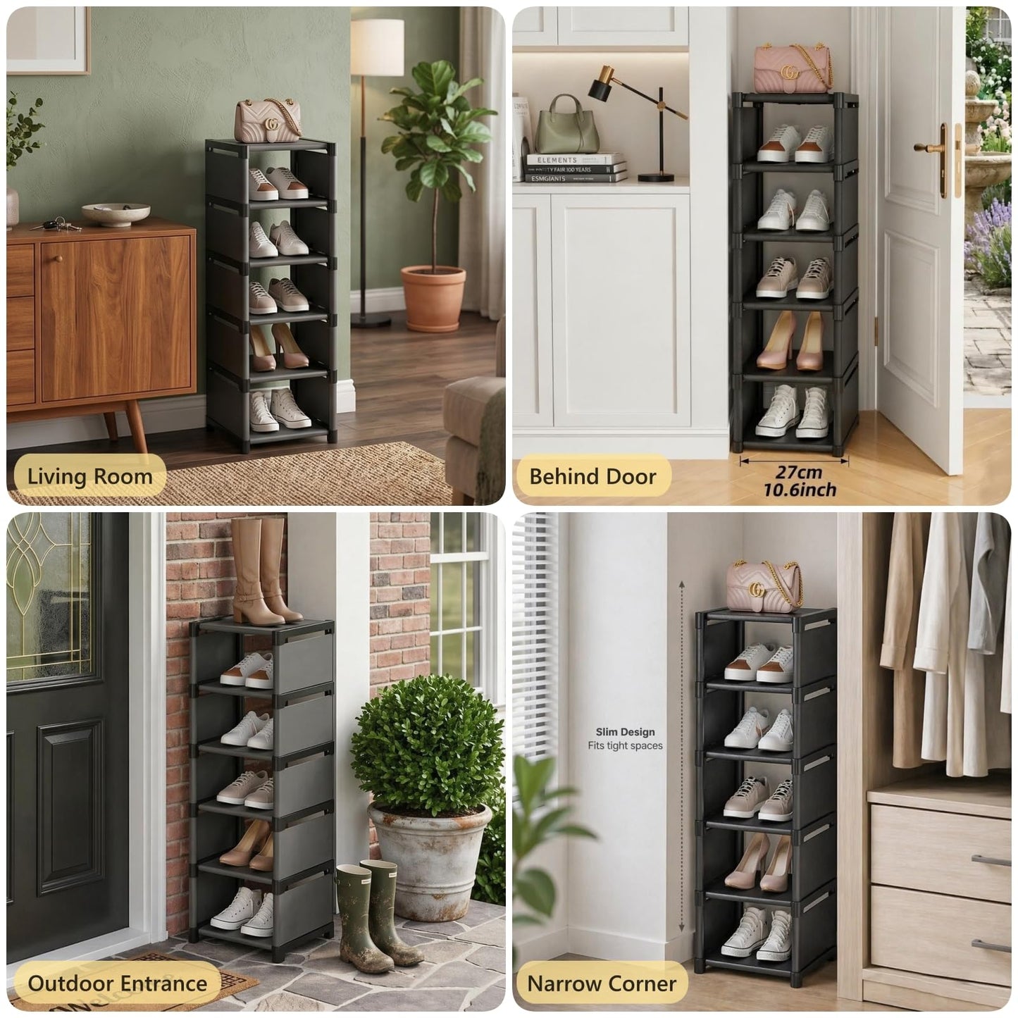 Yeahbo Narrow Small Shoe Storage Rack Black, Vertical Racks for Slim Space