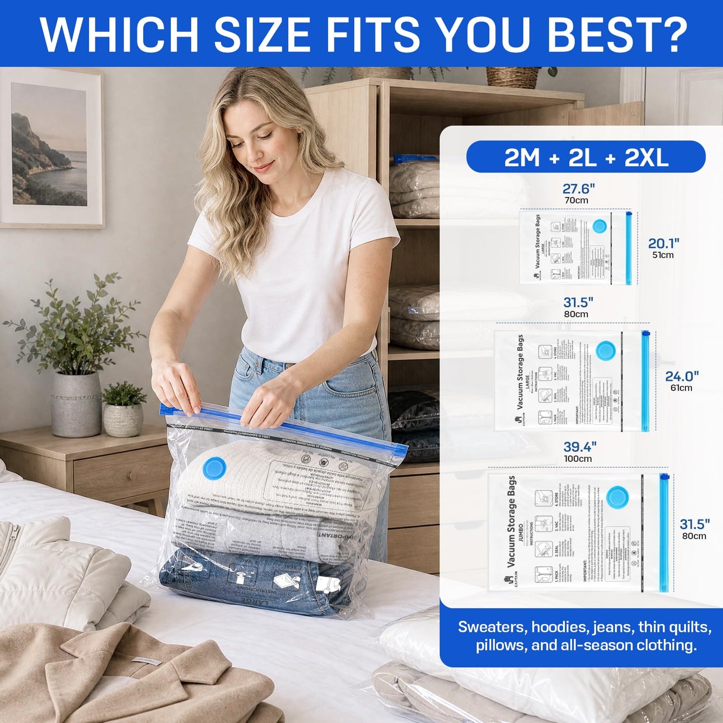 CaptainFive Vacuum Storage Bags 6-Pack (2 Jumbo + 2 Large + 2 Medium), Space Saver Sealer Vacuum Bags for Clothes, Pillows, Duvets, Bedding