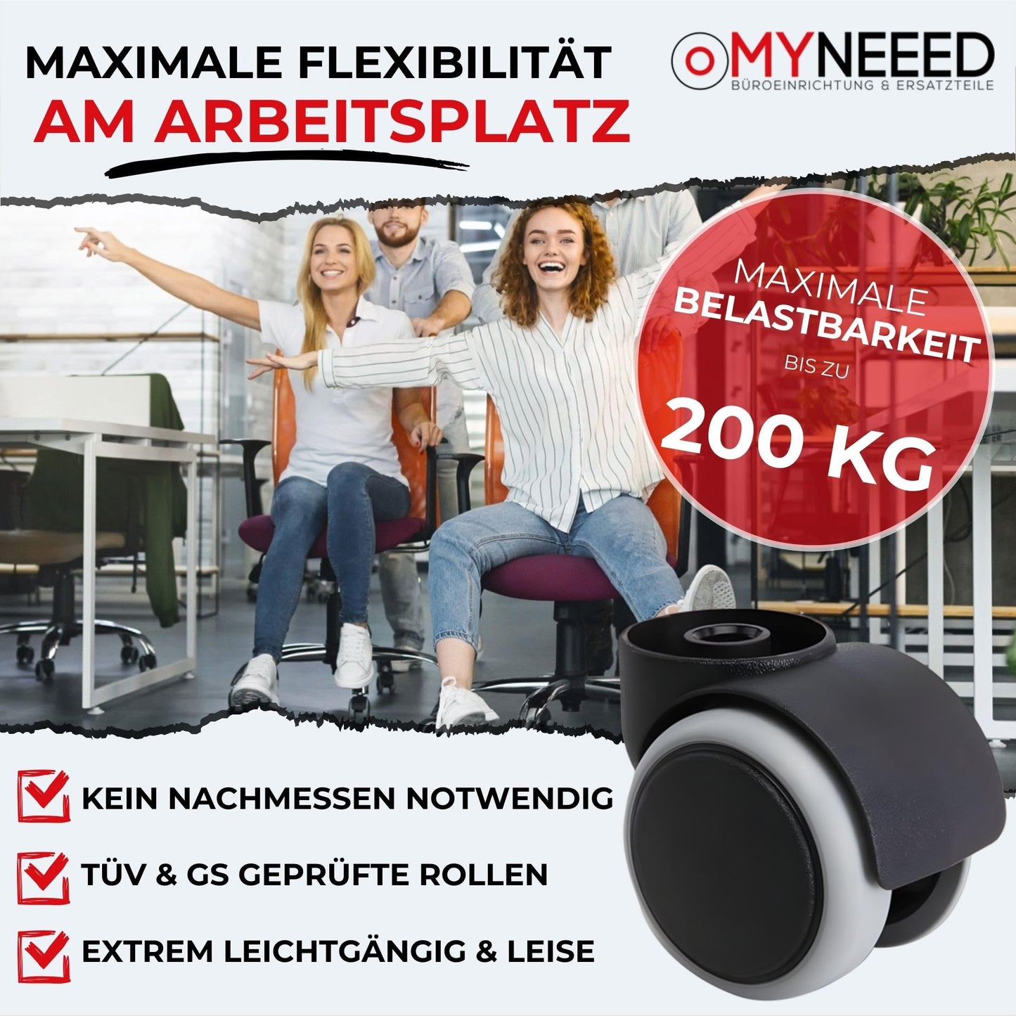 Hard Floor Castor Wheels 10 mm / 11 mm for All Office Chair Brands - Durable Hard Floor Castors without Pin for Laminate Parquet Tiles
