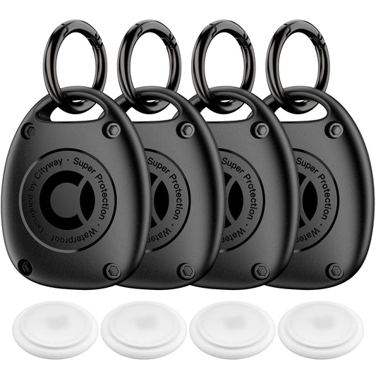 (4 Pack) AirTag Keychain Holder Case | IPX8 Waterproof, Ultra-Compact | Portable Air Tag Holder Cover for Dog Collar, Backpack, Keys, Luggage - Black