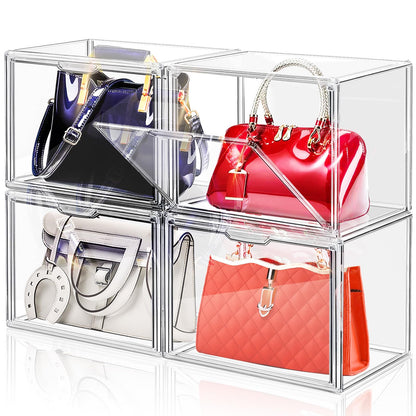 LINYAPRY 4 Packs Clear Plastic Handbag Storage, Acrylic Display Case for Purse and Handbag, Stackable Storage Boxes Bag Organizer with Magnetic Door
