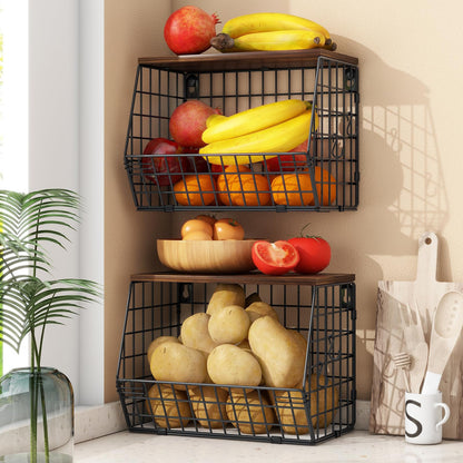 Mefirt Fruit Bowl, Fruit Baskets for Kitchens, Hanging Rack with Banana Hanger can as Kitchen Storage, Vegetable Rack Wall & Stackable Storage Baskets