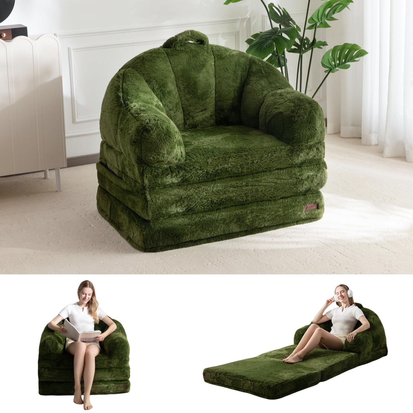 MAXYOYO Single Sofa Bed, Folding Bean Bag Chair, Faux Fur Fabric
