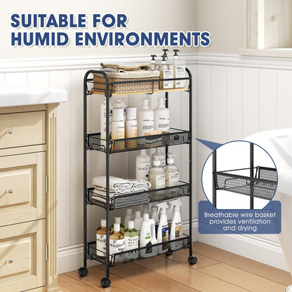 KINGRACK 4-Tier Slim Rolling Cart, Metal Utility Cart, Slide Out Storage Cart with Wooden Tabletop and Mesh Baskets for Narrow Space on Kitchen