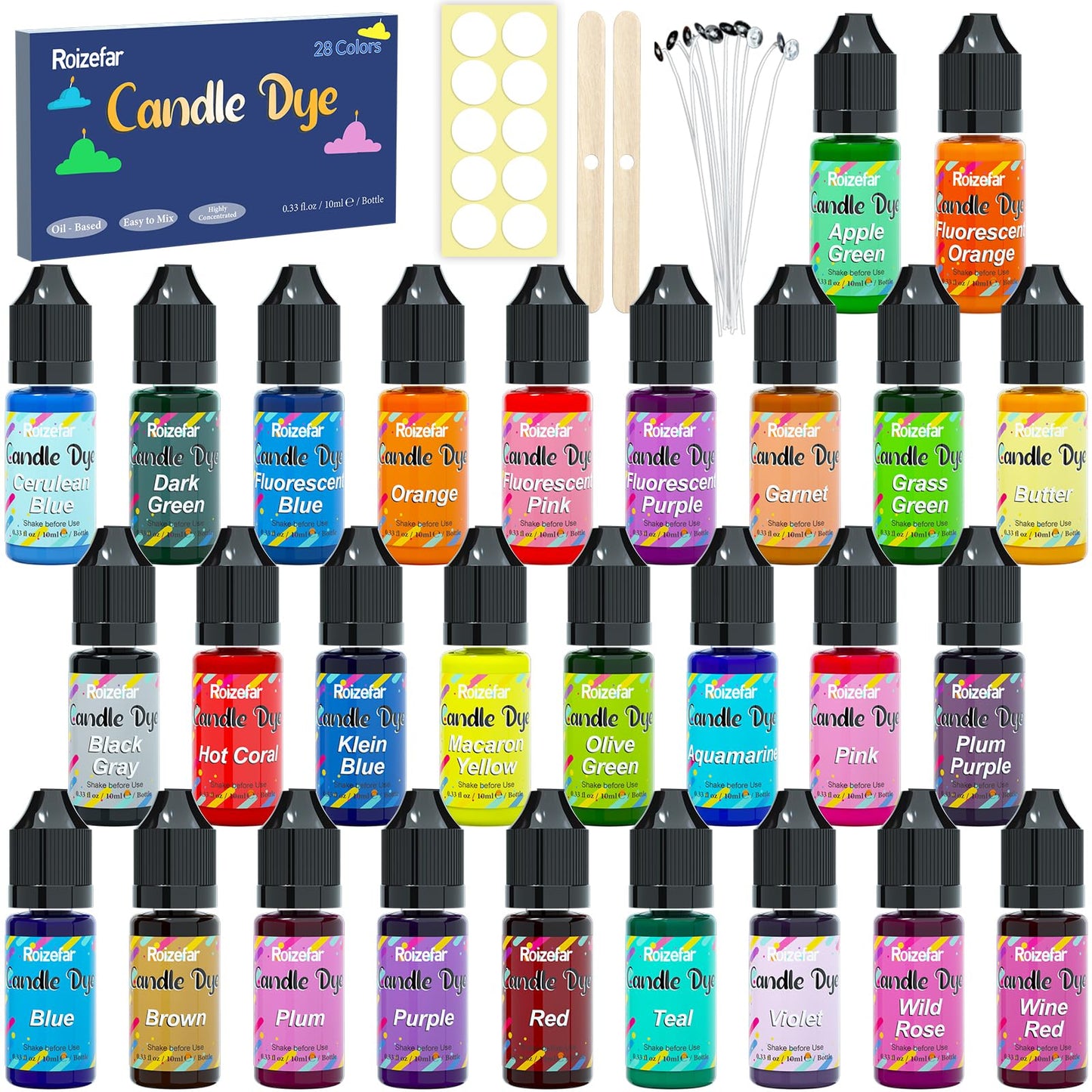 Roizefar Candle Dye - 28 Colours, Candles Dye for Soy Wax, Candle Colour Dyes for Candles Making, Oil-Based Liquid Dyes for Wax Melts, Highly