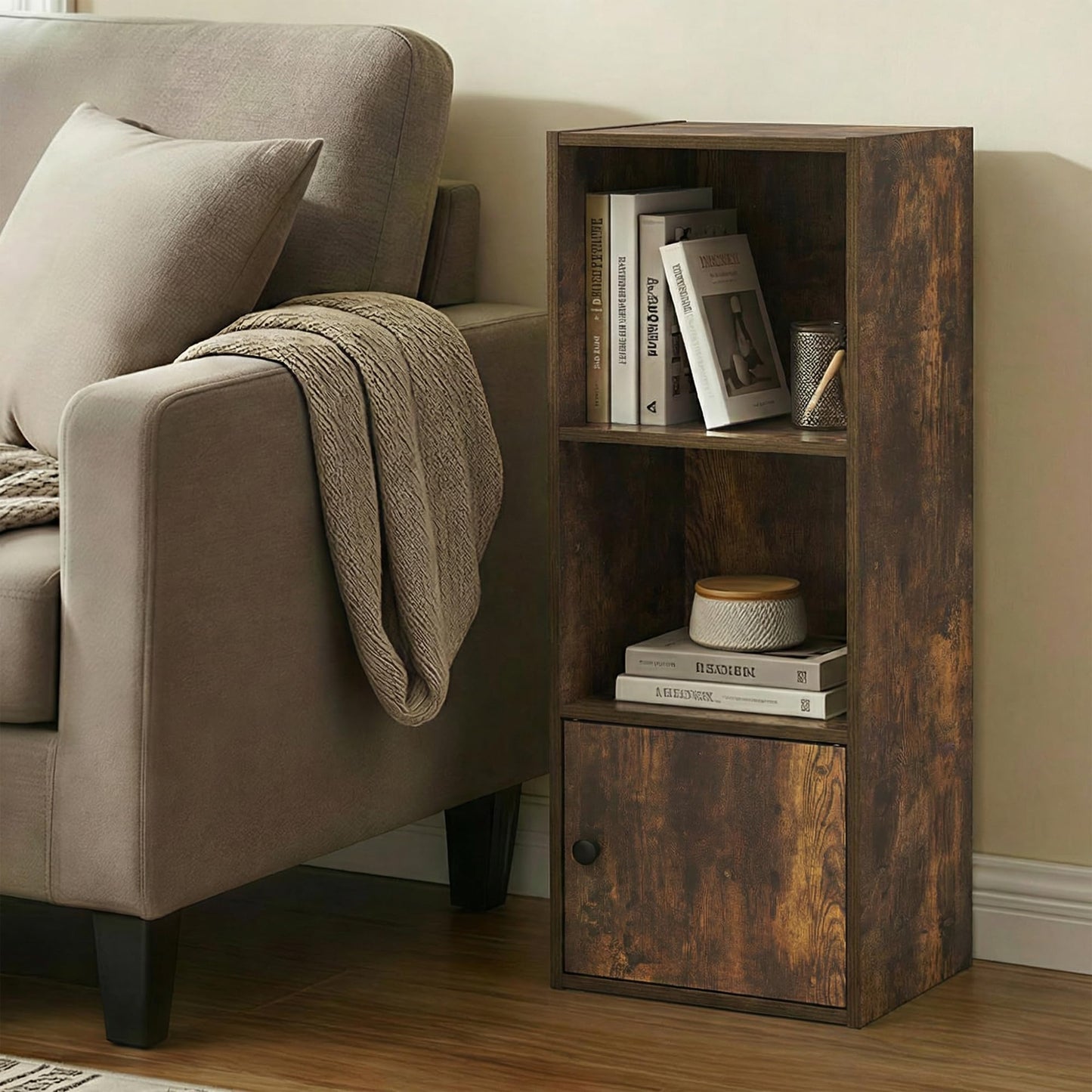 Furinno LUDER 3-Tier Bookshelf with Open Shelf, Standing Bookcase with 1 Door Cabinet, 23.6 x 30.5 x 80.0 cm, for Organization and Storage