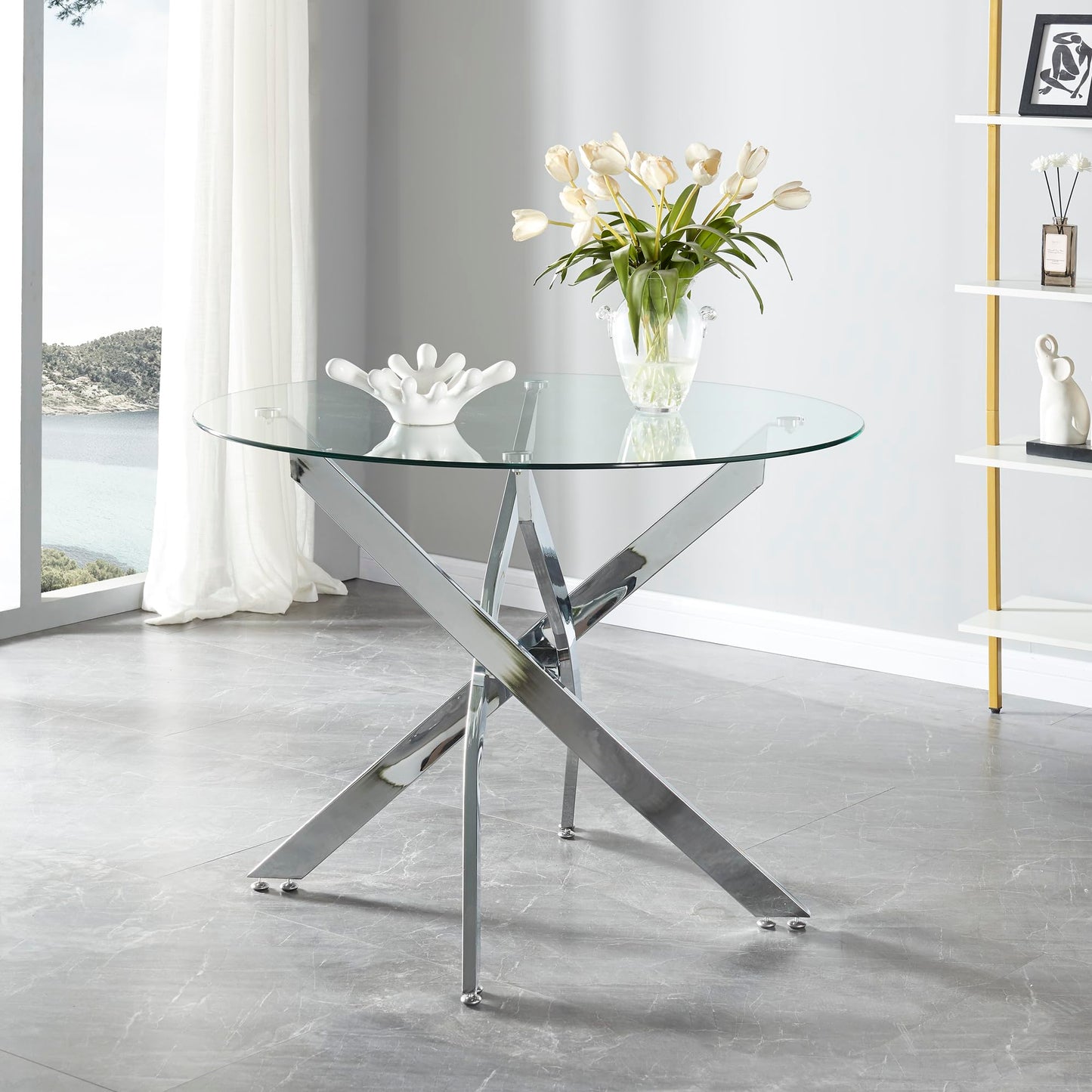 Panana Black Glass Dining Table With Metal Legs Modern Kitchen Tables (Clear Round, 100cm Round)