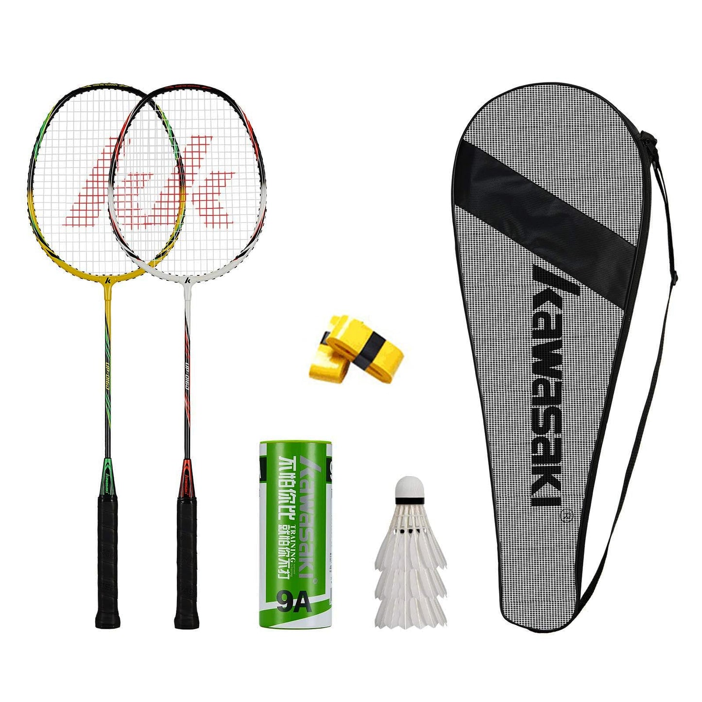 Kawasaki Badminton Racket Set of 2, Lightweight Graphite Shaft Carbon Alloy Frame Badminton Rackets for Training, Sports and Entertainment, with 3