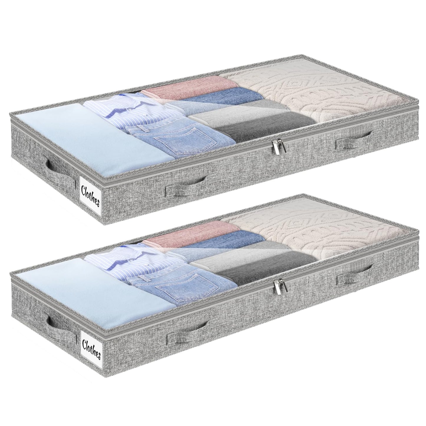 Underbed Storage Bags 2 Pack, 10cm Tall Large Under Bed Storage Box with zip, Foldable Shallow Wardrobe Storage Organiser with Clear Window &