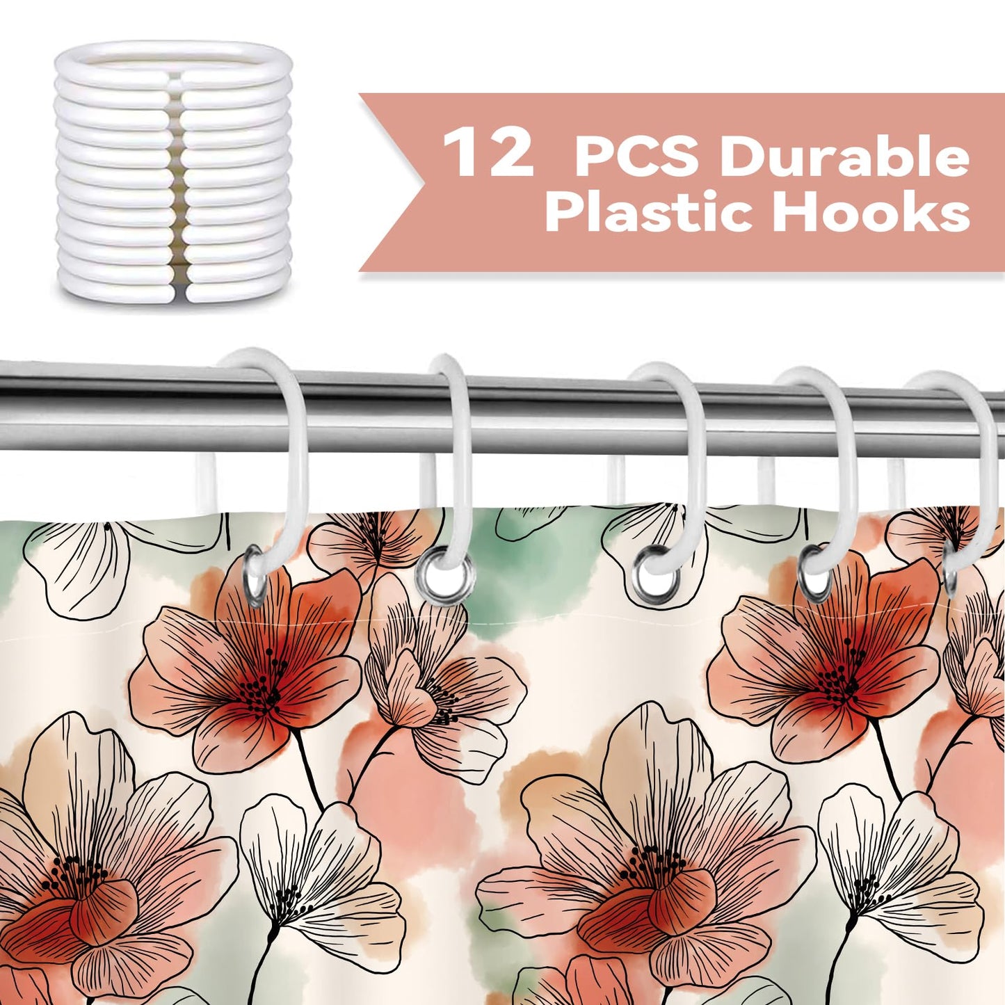 Hopomoon Watercolour Floral Shower Curtain, Waterproof Polyester Bath Curtain, Botanical Print Decorative Boho Abstract Art Shower Curtain with 12