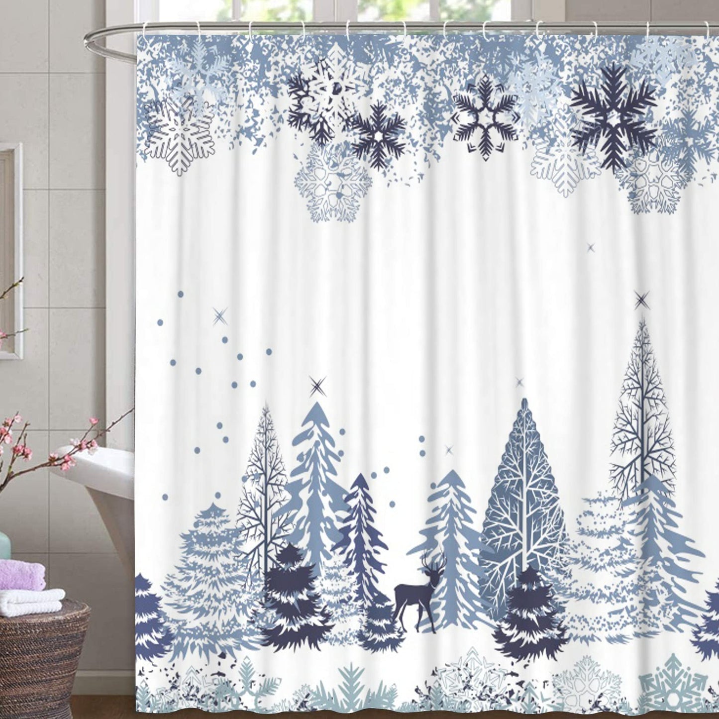 M&W DAS DESIGN Christmas Shower Curtain Stars Glitter Snow Textile Curtain White Tree Reindeer Mould Resistant Christmas Decoration Colourfast