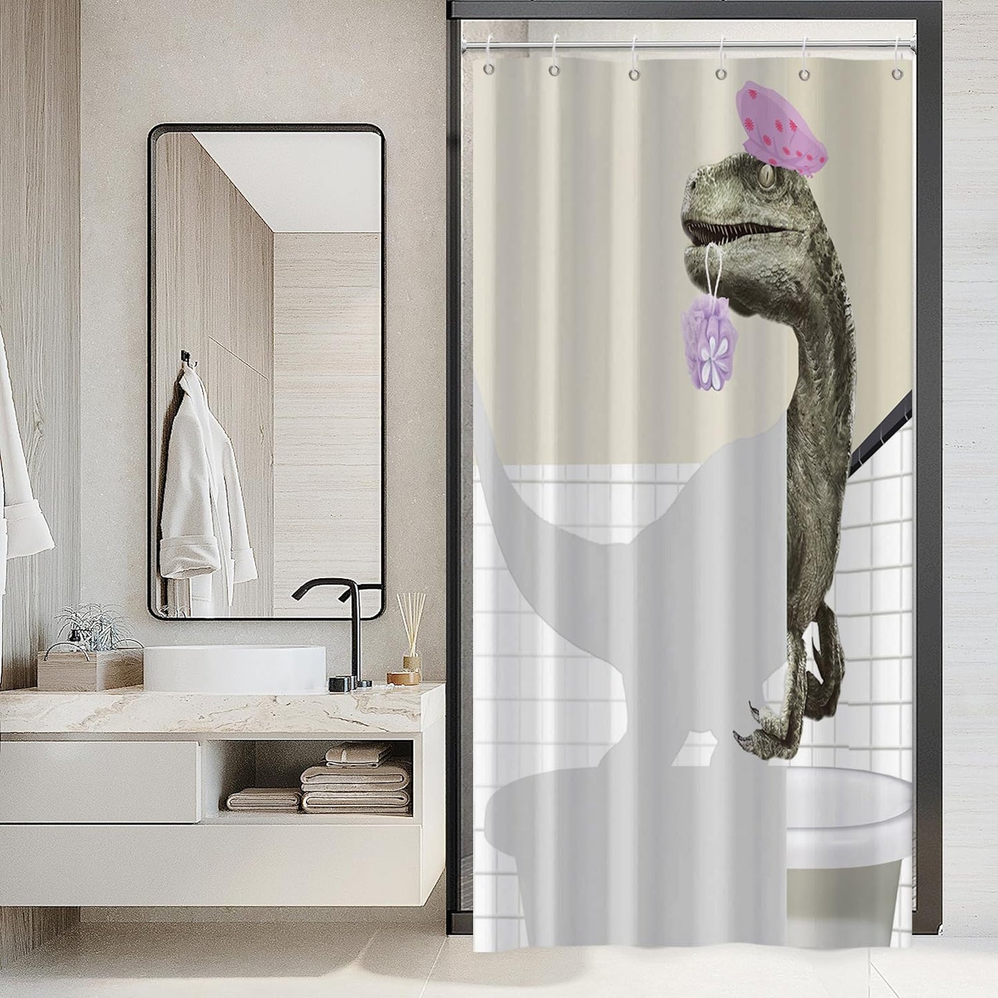 Hnmdmyi Funny Dinosaur Shower Curtain 90x180, Cute Bathing Dino Raptor Kids Bathroom Curtains Cartoon Animal Children Creative Modern Waterproof