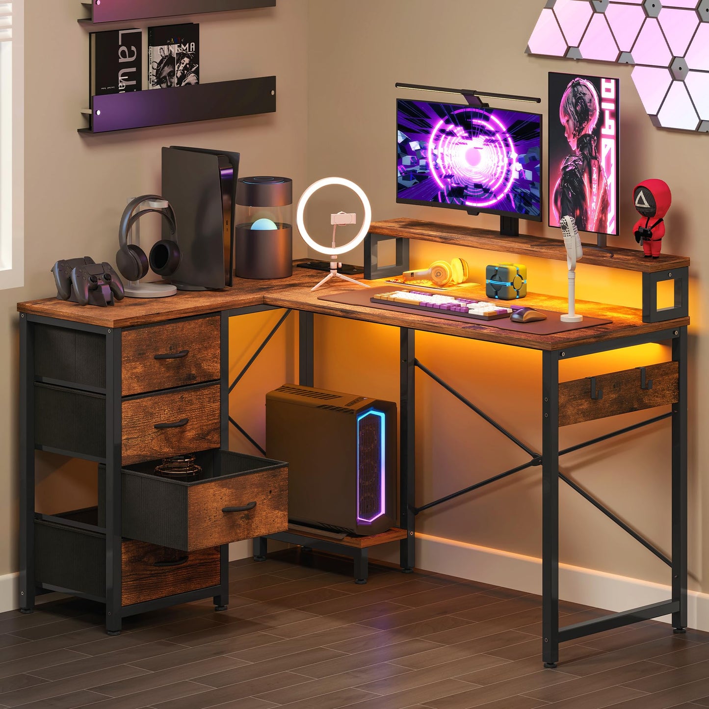 YITAHOME Computer Desk with Drawers L Shaped LED Power 130cm Vintage
