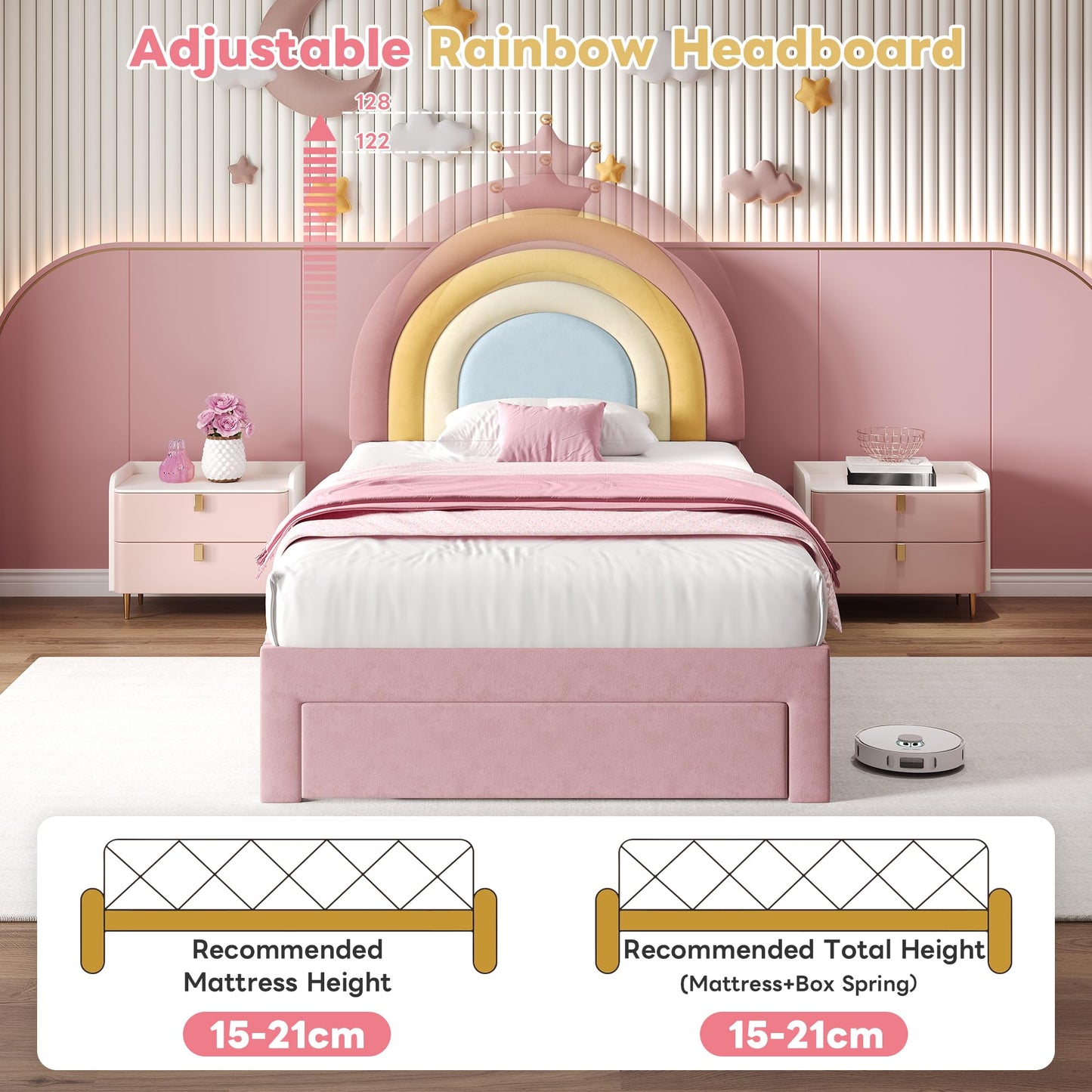 Ball & Cast 3ft Single Upholstered Bed with Adjustable Rainbow Headboard, Soft Velvet Bed Frame with Storage Drawer