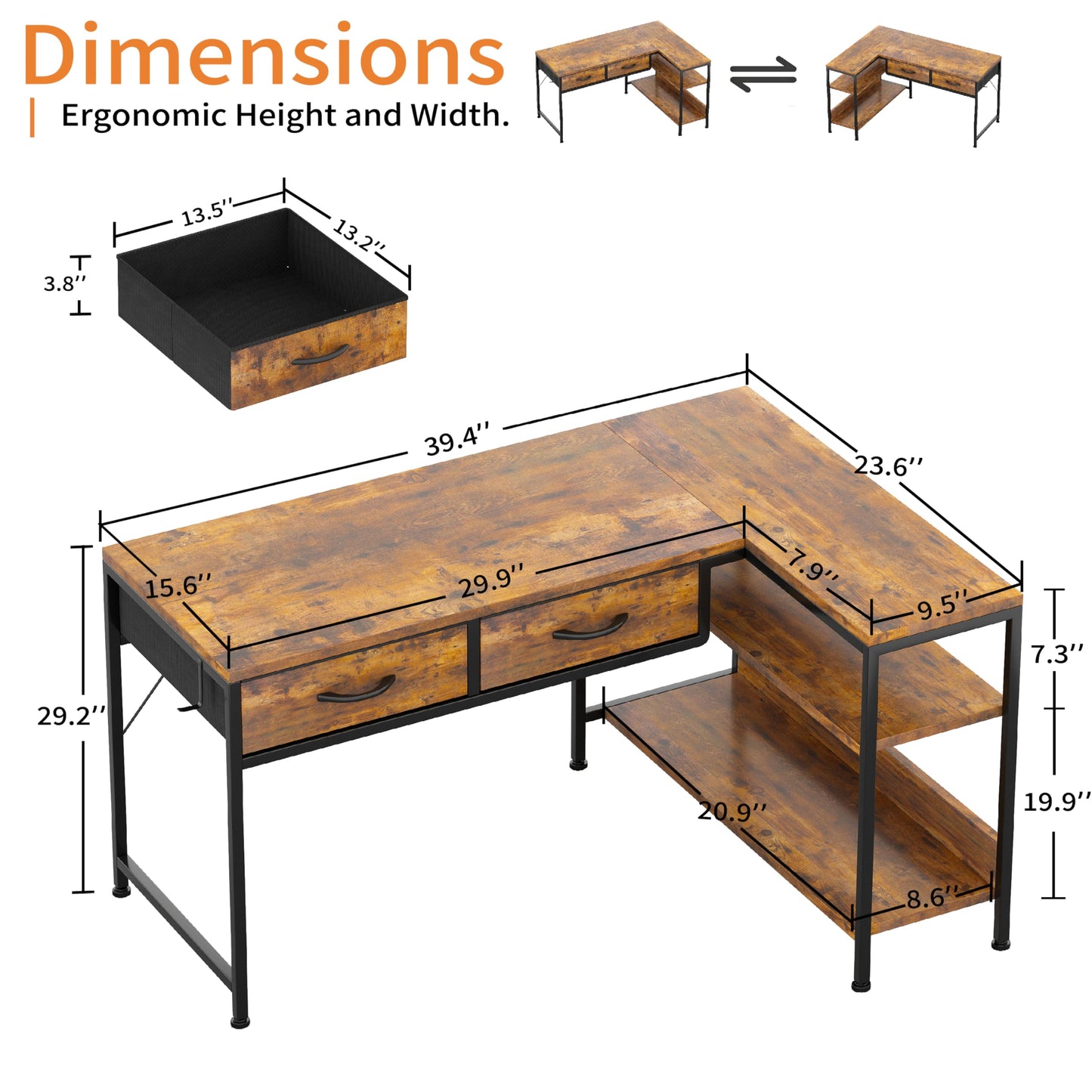 CAIYUN L Shaped Computer Desk with 2 Drawers, 100CM Office Corner Desk with 2 Storage Shelves, Working Table Study Table for Home Office Desk, Brown