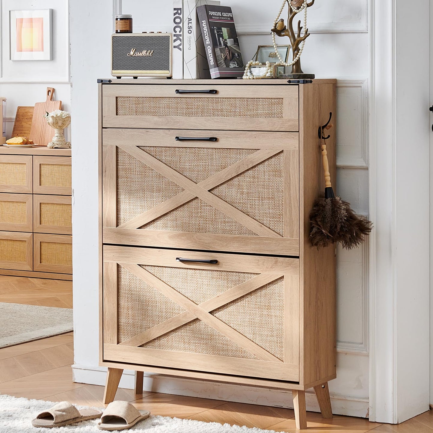 LELELINKY Rattan Slim Narrow Shoe Storage with 2 Flip Drawers, Natural