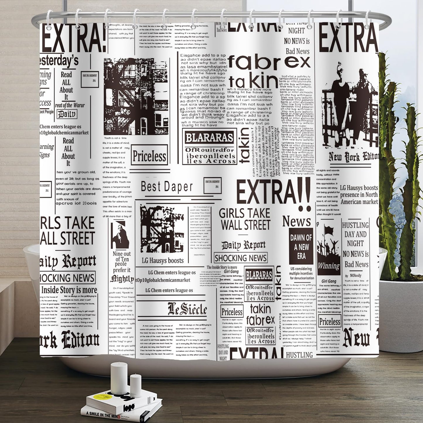 Kzzfqxb 105x160cm Shower Curtains with Plastic Hooks, Retro Vintage Old Newspaper Magazine Pattern Waterproof Polyester Fabric for Bathtub, Simple