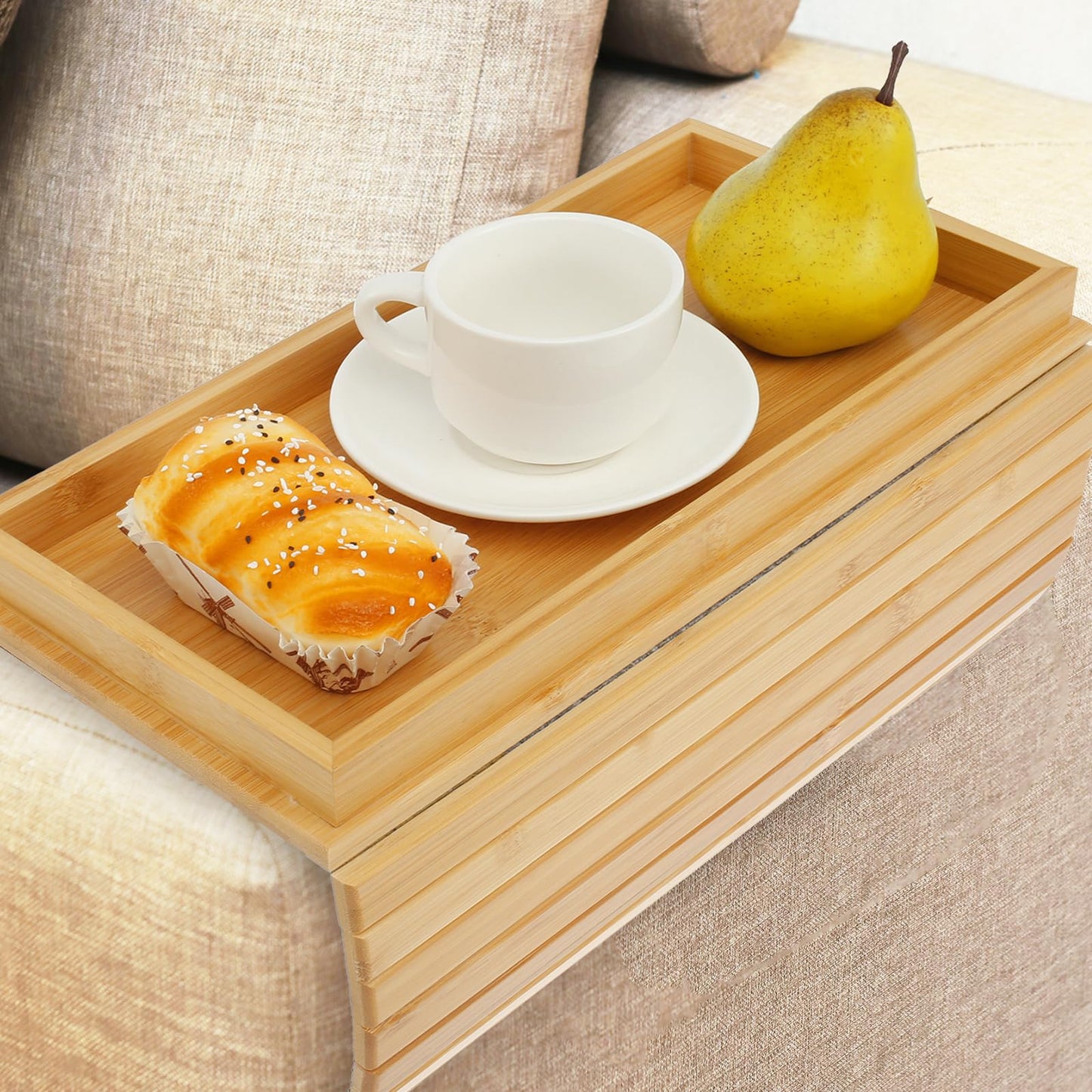 Bamboo Sofa Arm Tray Table Couch Arm Tray Folding Sofa Armchair Caddy Table Antislip Couch Cup Holder Stable Sofas Snack Trays for Drinks Cellphone