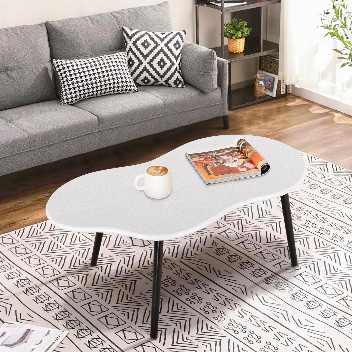 FEUFOAM Modern Coffee Table Cloud White Coffee Tables Irregular Center Table for Living Room Unique Wood Grain Table Top Coffee Table Floor Table for