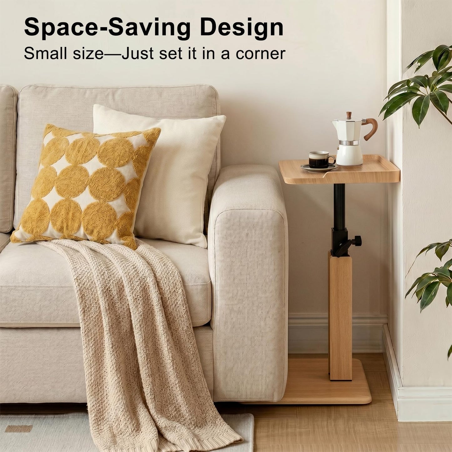 Bingyouth C Shaped Side Table, Adjustable Sofa Table 45-80 cm with Raised Wooden Tray Edges, Oak End Table for Living Room, Armchair Table