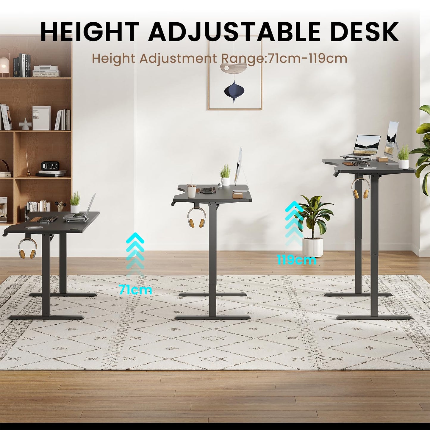 Farini U-Shaped Ergonomic Electric Standing Desk, 120x60cm, Height Adjustable Sit to Stand Desk with Memory Keypad & Headphone Hook for Home and