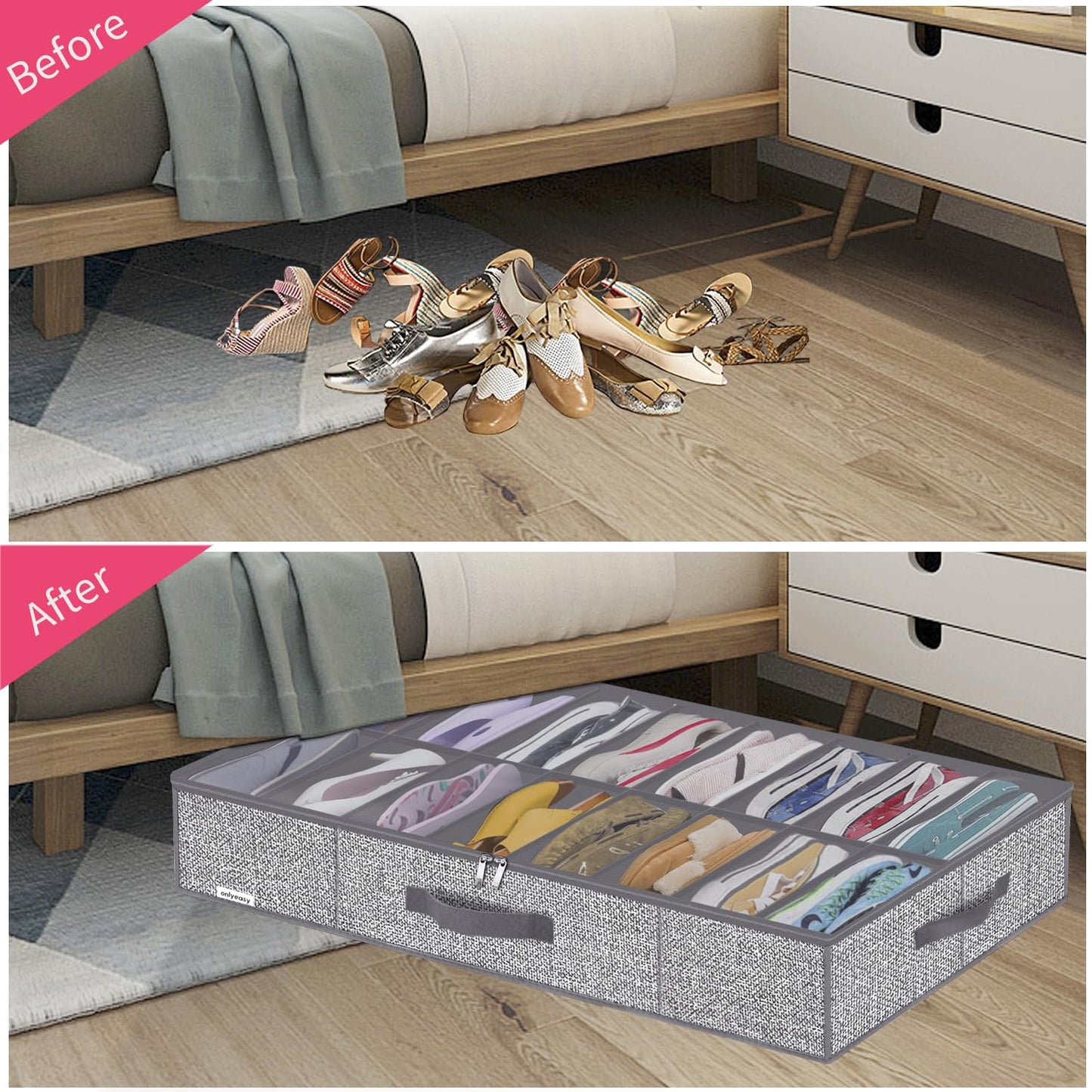 Onlyeasy - MXDUBS16P2 Shoe Storage Box with Handles and Clear Window, 16+16 Pairs, Heavy Duty Shoe Storage Box for Kids and Adults, 96 x 60 x 15 cm