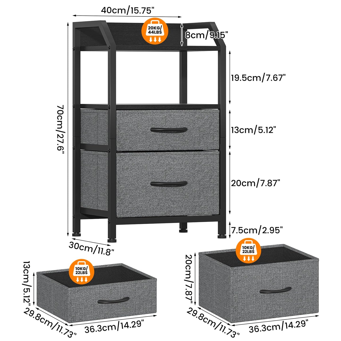 Feonase Set of 2 Bedside Table with 2 Fabric Drawers & Open Shelf - Sturdy Metal Frame Nightstand, Compact End Table for Bedroom, Living Room