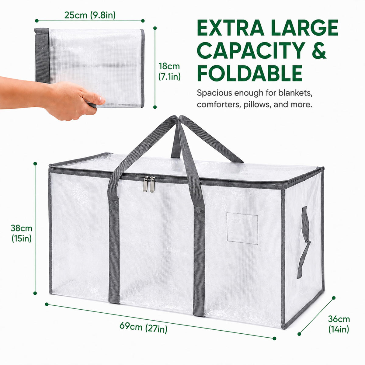 Extra Large 94L Moving Storage Bags, Heavy Duty PP Woven Bags with Reinforced Handles and Zipper, Foldable Storage for Clothes, Bedding