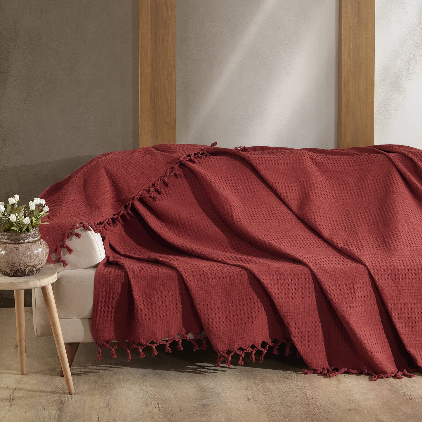 Milam London Burgundy Throw Blanket | Cotton Waffle Bedspreads King Size | Sofa Throws Large 3 Seater | Bed Throw King Size | Burgundy Blanket For Bed